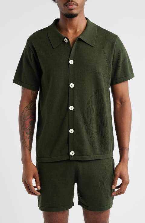 Green Pineapple Knit Short Sleeve Button-Up Shirt