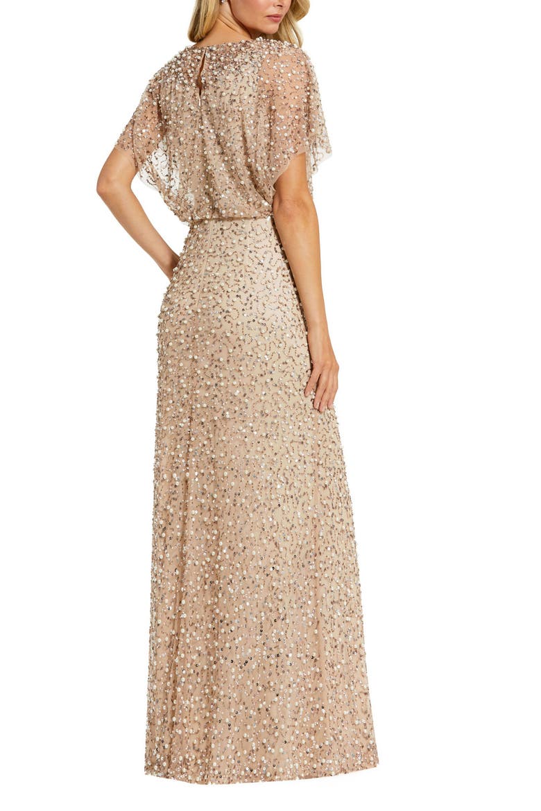 Beaded Mesh Gown With Shawl, Alternate, color, Nude Gold