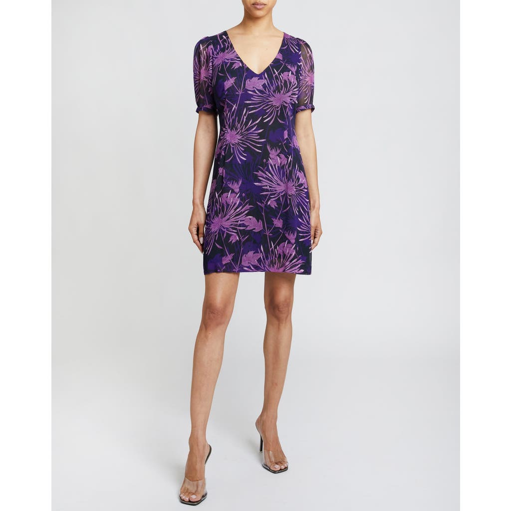 Santorelli Bianca In Floral Abstract Crinkled Georgette Shift Dress In Cool Purple