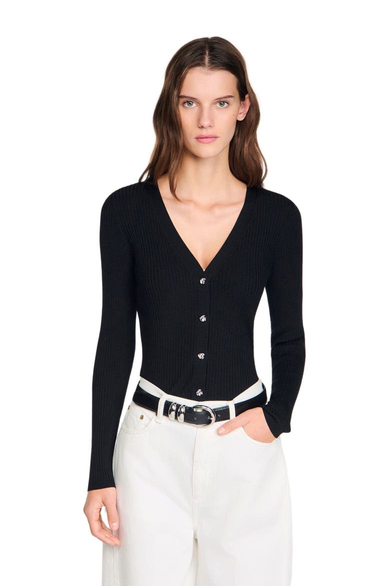 Ribbed cardigan with fancy buttons, Main, color, Black