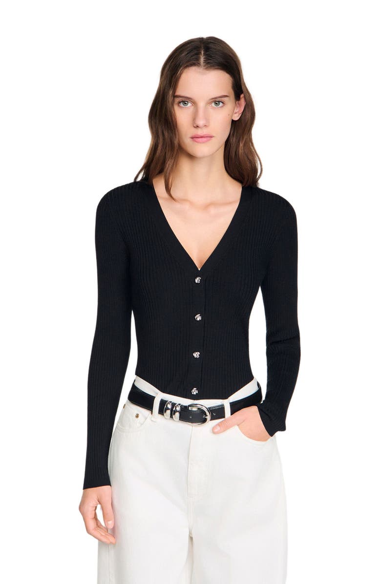 SANDRO Ribbed cardigan with fancy buttons, Main, color, Black