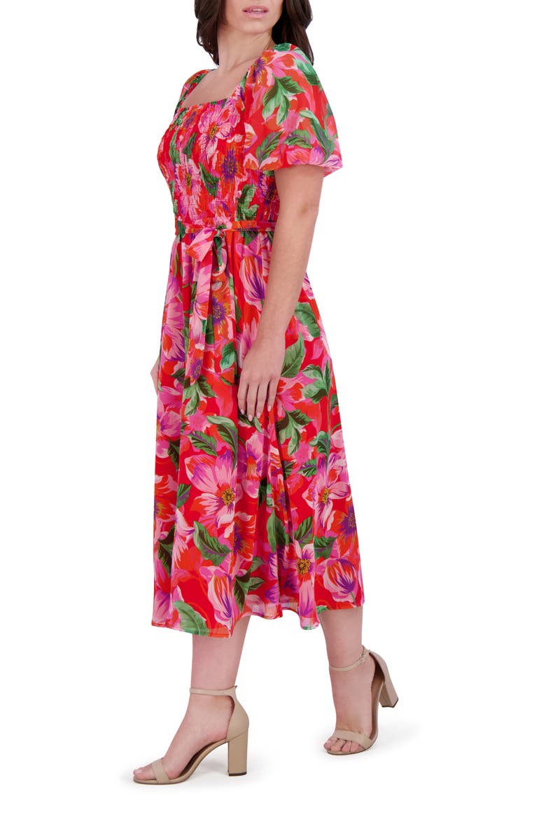 Smocked Chiffon Midi Dress, Alternate, color, RED MULTI