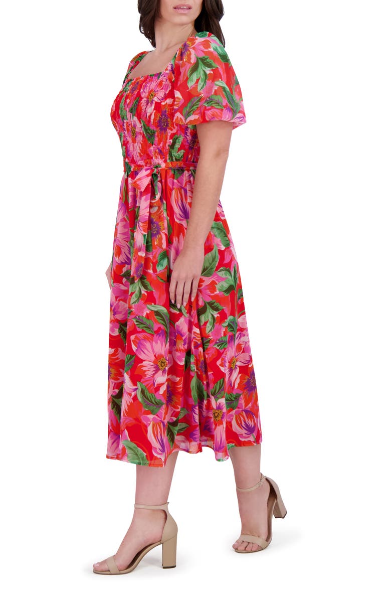 Kensie Smocked Chiffon Midi Dress, Alternate, color, Red Multi