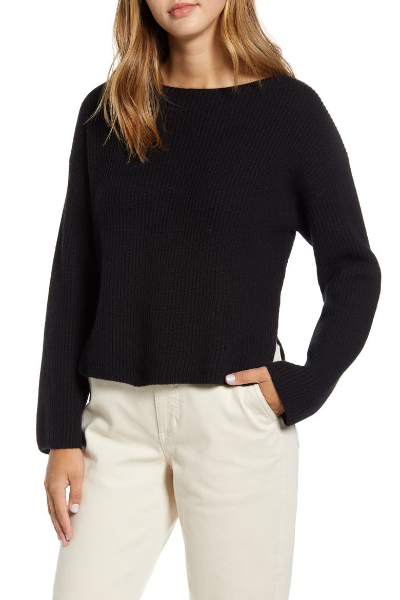 The Cashmere Rib Boatneck Sweater, Alternate, color, BLACK