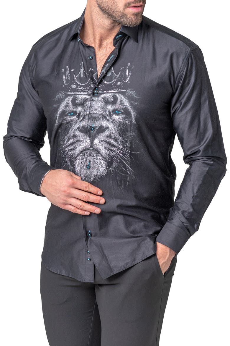Fibonacci Lion Crown Regular Fit Cotton Blend Button-Up Shirt, Alternate, color, BLACK