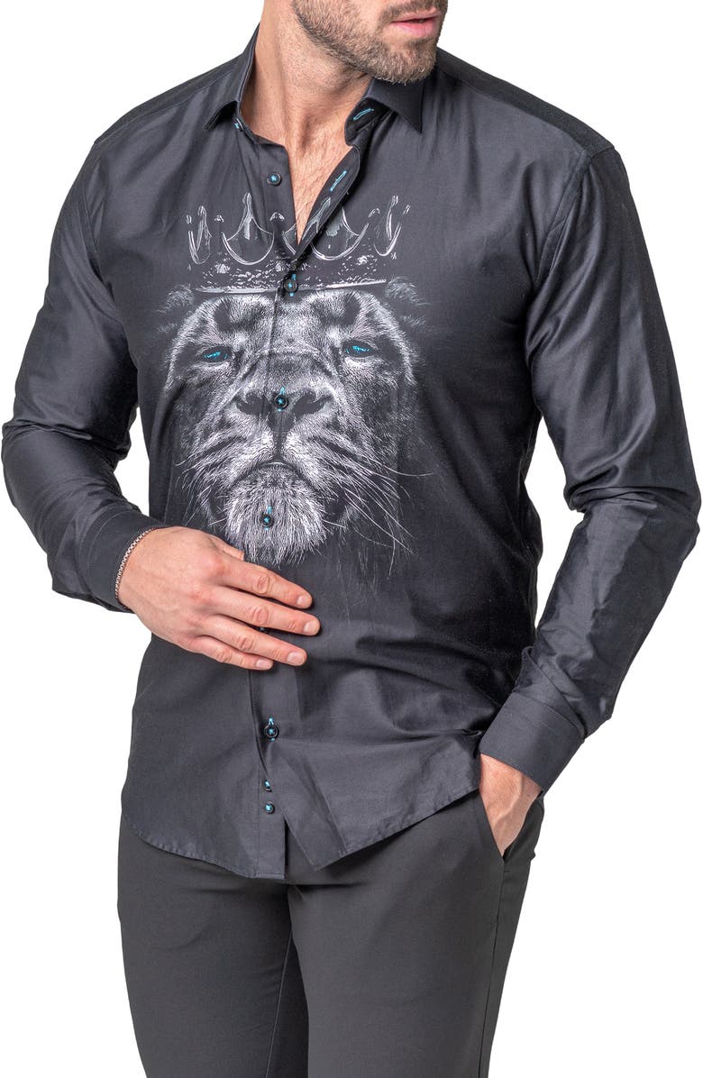Maceoo Fibonacci Lion Crown Regular Fit Cotton Blend Button-Up Shirt, Alternate, color, Black