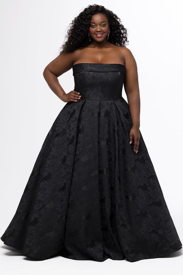 Strapless Brocade Plus Size Ball Gown, Alternate, color, Black
