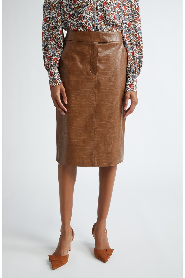 Ascher Croc Embossed Faux Leather Skirt, Main, color, DARK CAMEL
