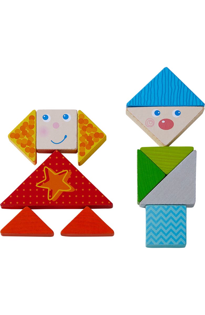 HABA Funny Faces Tangram Wooden Pattern Blocks with 20 Template Cards, Alternate, color, Multi