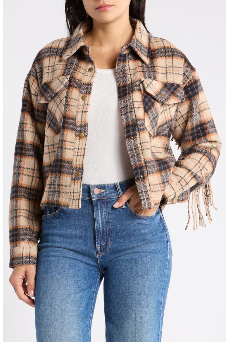 Plaided Fringed Shacket, Main, color, CREAM NAVY PLAID
