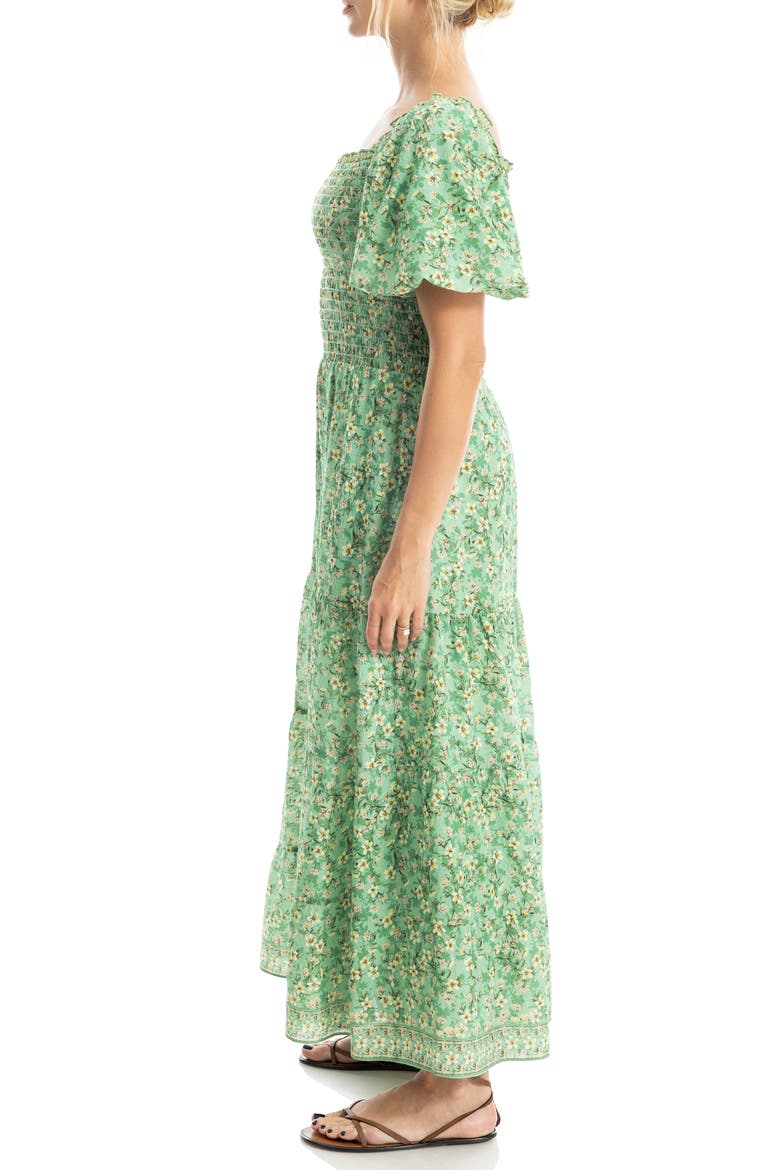 Print Smocked Puff Sleeve Maxi Dress, Alternate, color, GREEN TOSSED MEADOW