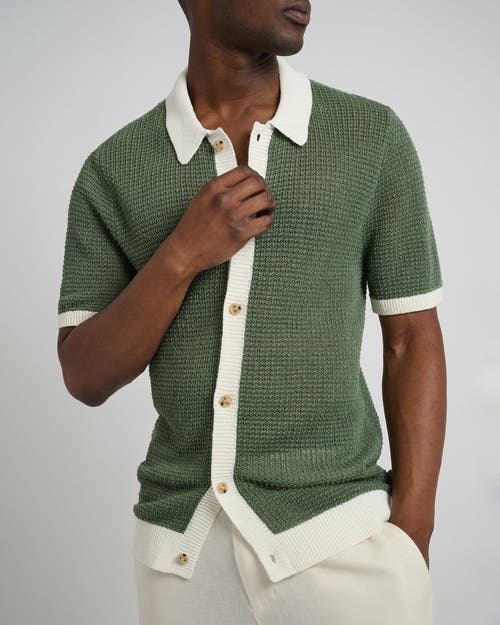 Shop Onia Linen Short Sleeve Button Up Sweater In Seaspray/white