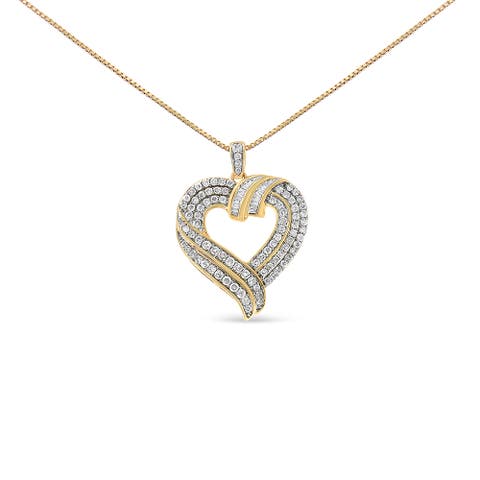 Silver 1.00 Cttw Baguette Diamond Composite Open Heart Pendant Necklace