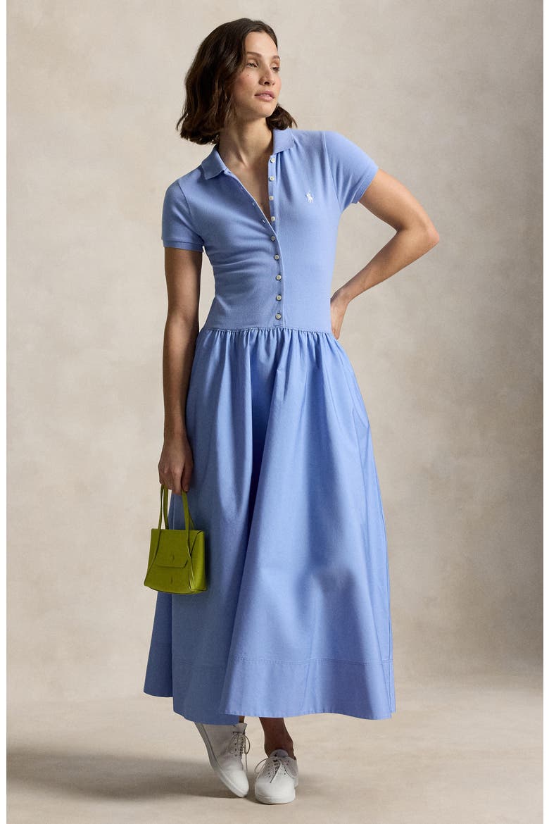 Polo Bodice Mixed Media Midi Dress, Alternate, color, DRESS SHIRT BLUE