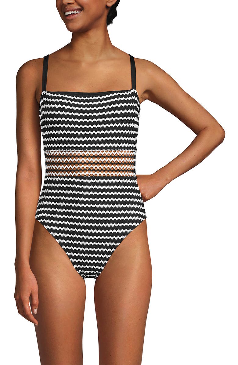 Lands' End Crochet Square Neck High Leg One Piece Swimsuit, Alternate, color, Black/White