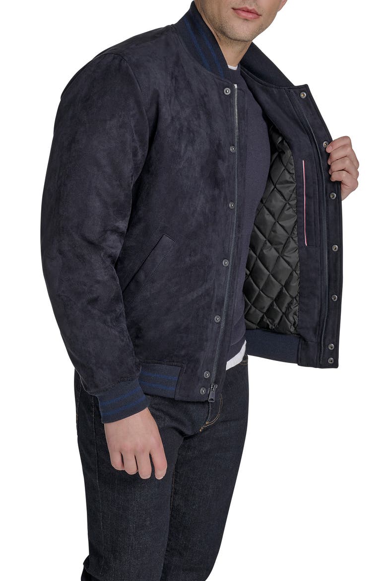 Faux Suede Varsity Bomber Jacket, Alternate, color, NAVY