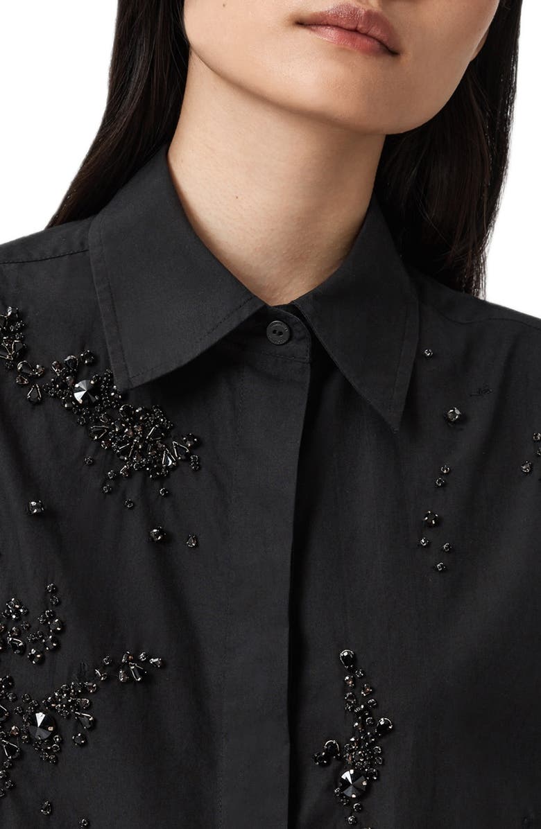 AllSaints Gemi Bead Detail Cotton Button-Up Shirt, Alternate, color, Black