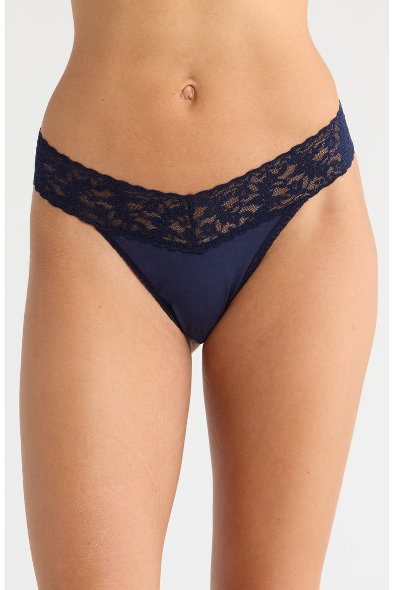 Cotton & Stretch Lace Original Rise Thong, Main, color, NAVY