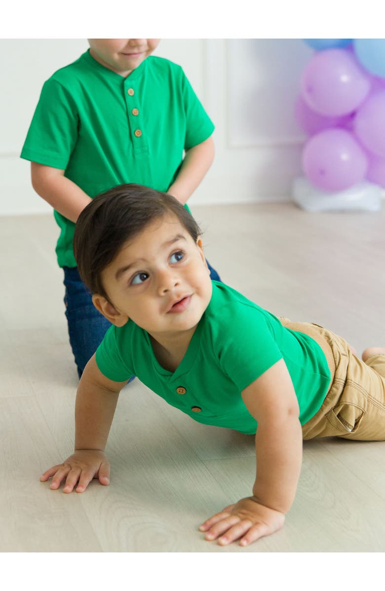 RuffleButts Baby Boys Short Sleeve Knit Henley Bodysuit, Alternate, color, Green