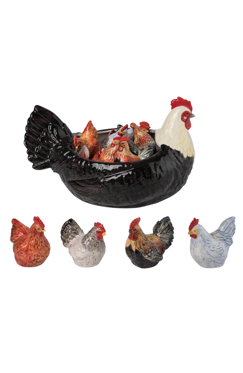 Transpac Dolomite Chicken Salt and Pepper Shaker Set with Bowl Display 17 Piece Ceramic Kitchen Decor, Main, color, Multicolored