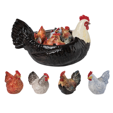 Dolomite Chicken Salt and Pepper Shaker Set with Bowl Display 17 Piece Ceramic Kitchen Decor