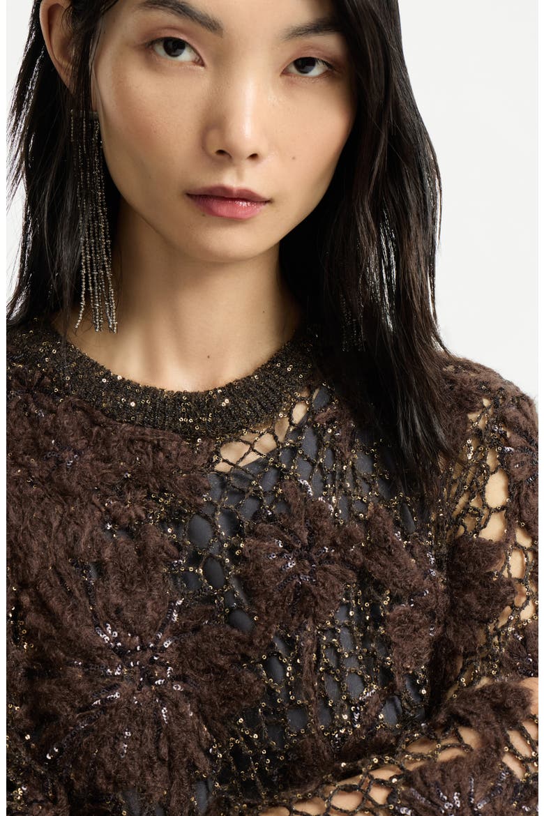 Whispering bloom embroidery knit dress in sparkling mohair and wool, Alternate, color, Brown