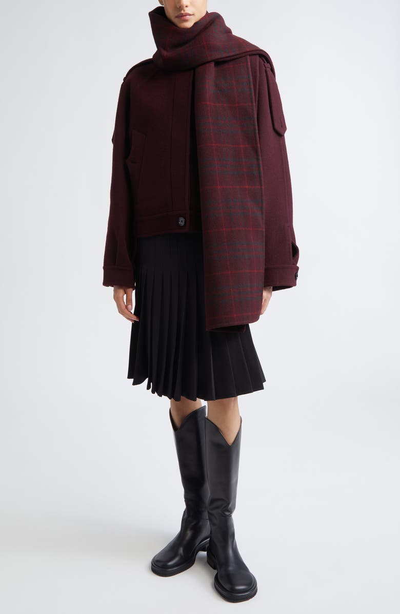 Burberry Oldbrook Detachable Check Scarf Wool Jacket, Alternate, color, Wine Red