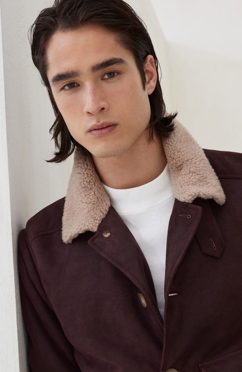 Brunello Cucinelli Nubuck shearling aviator jacket, Alternate, color, Purple