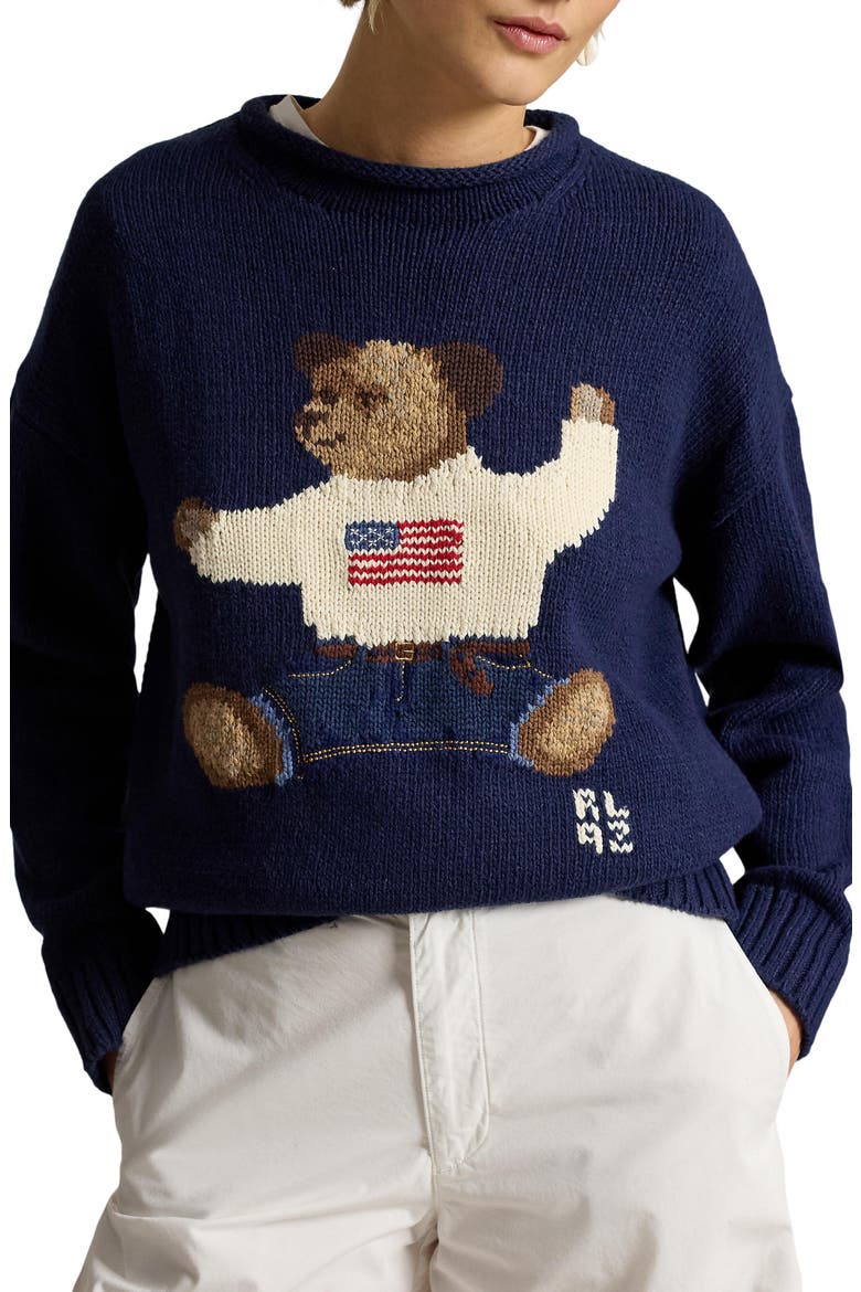 Polo Bear Intarsia Cotton & Linen Sweater, Main, color, NAVY