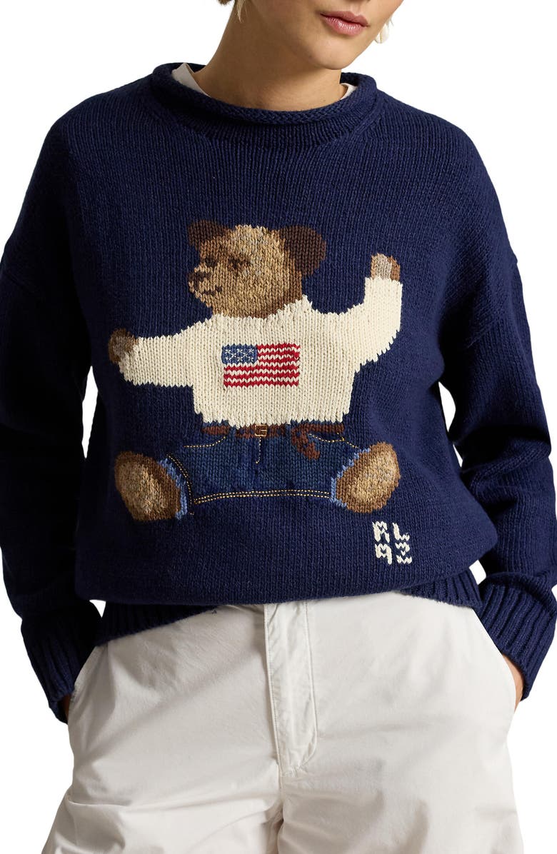 Polo Ralph Lauren Polo Bear Intarsia Cotton & Linen Sweater, Main, color, Navy