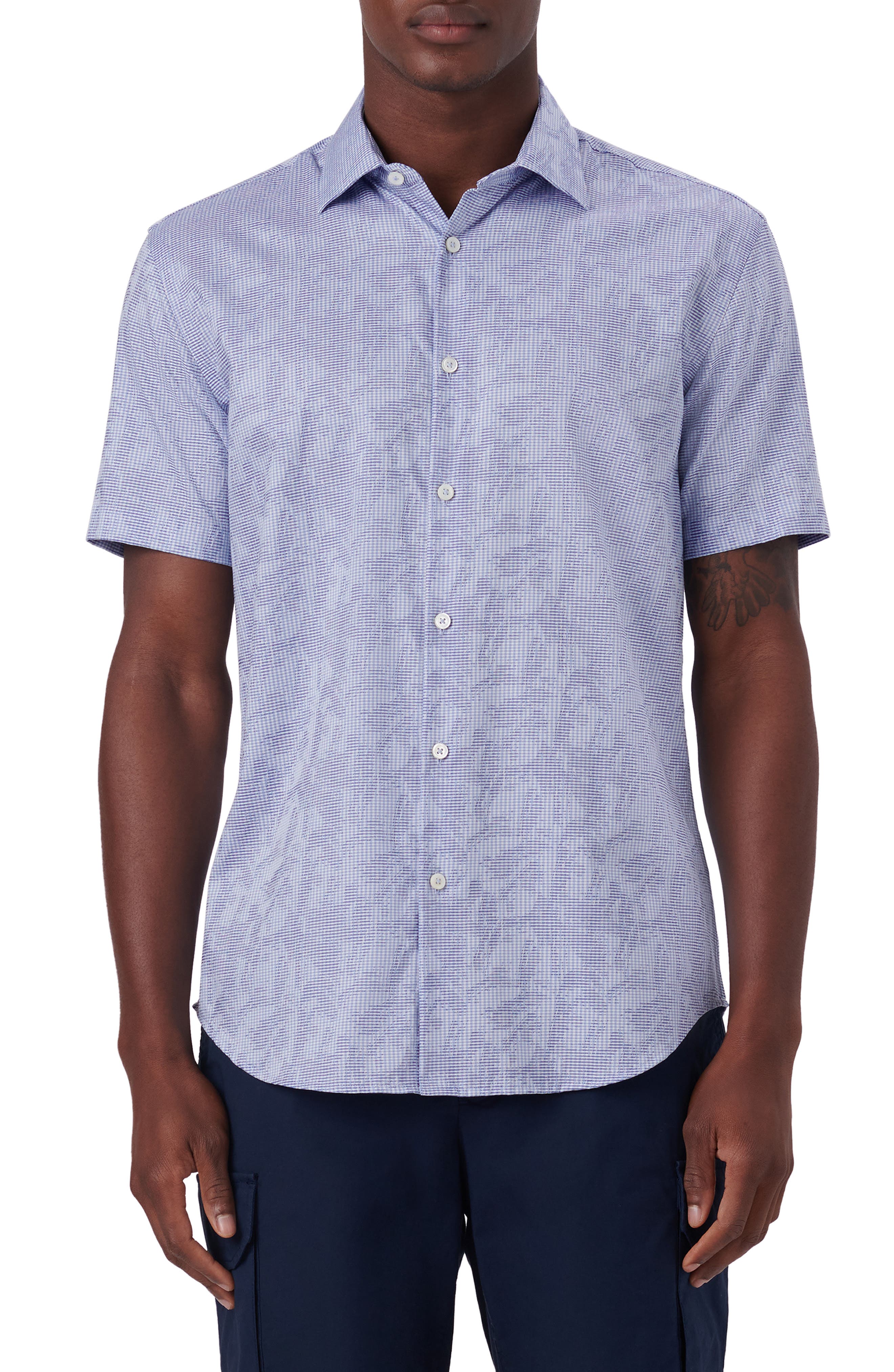 Bugatchi Floral Pincheck Short Sleeve Stretch Cotton Shirt