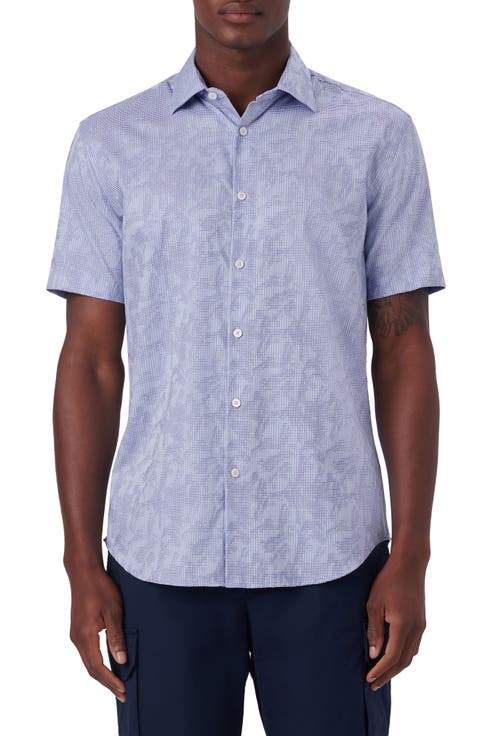 Floral Pincheck Short Sleeve Stretch Cotton Shirt