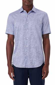 Bugatchi Floral Pincheck Short Sleeve Stretch Cotton Shirt