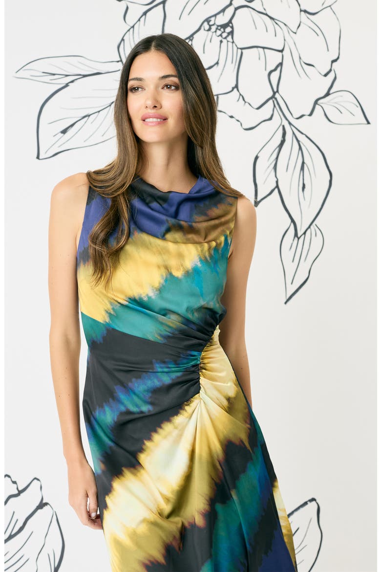 Ruched Asymmetric Hem Midi Dress, Alternate, color, NAVY/ WARM OLIVE