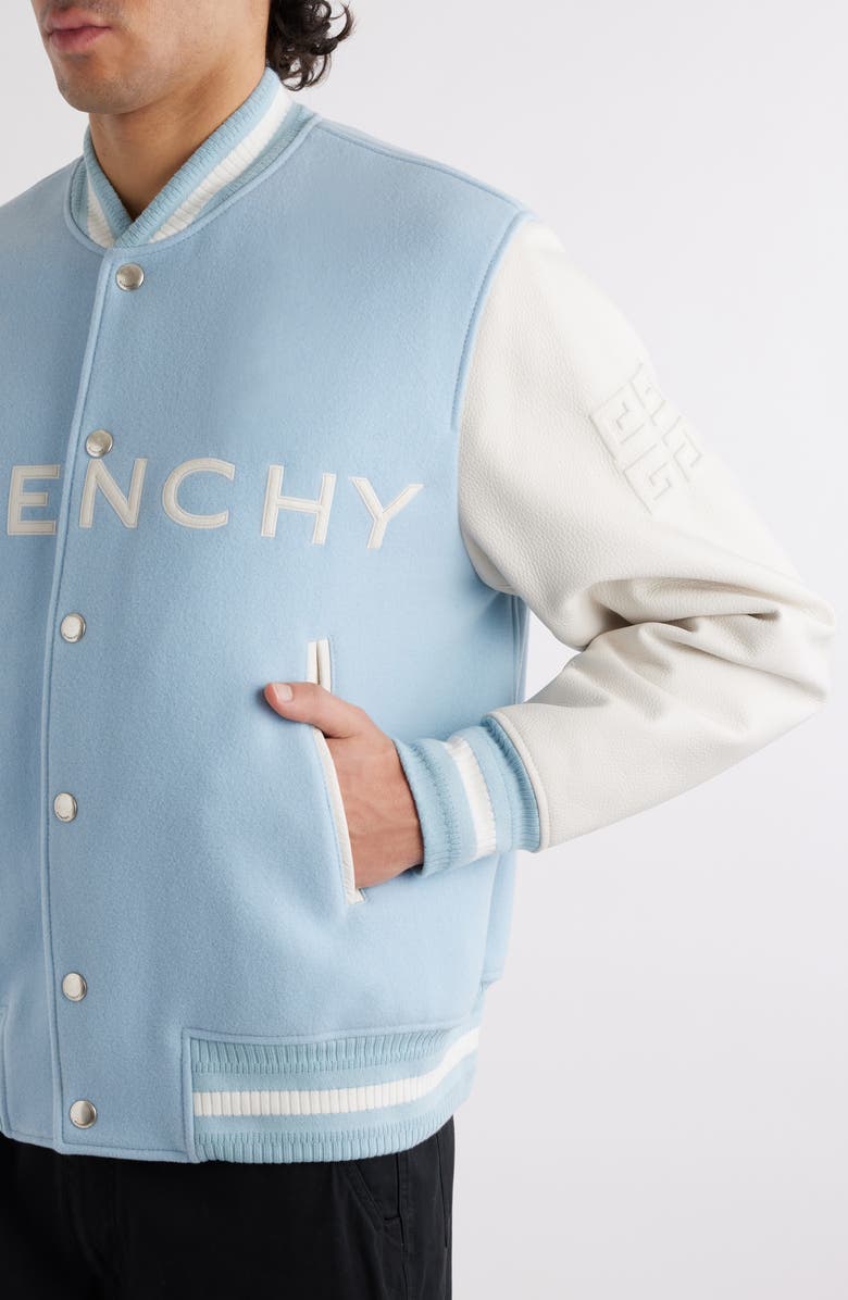 Givenchy Embroidered Logo Mixed Media Leather & Wool Blend Varsity Jacket, Alternate, color, White/ Sky Blue