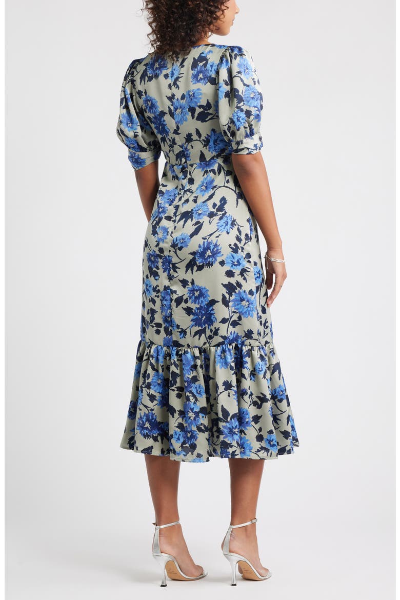 Twist Front Puff Sleeve Satin Midi Dress, Alternate, color, GREY- BLUE DAHLIA FLORAL