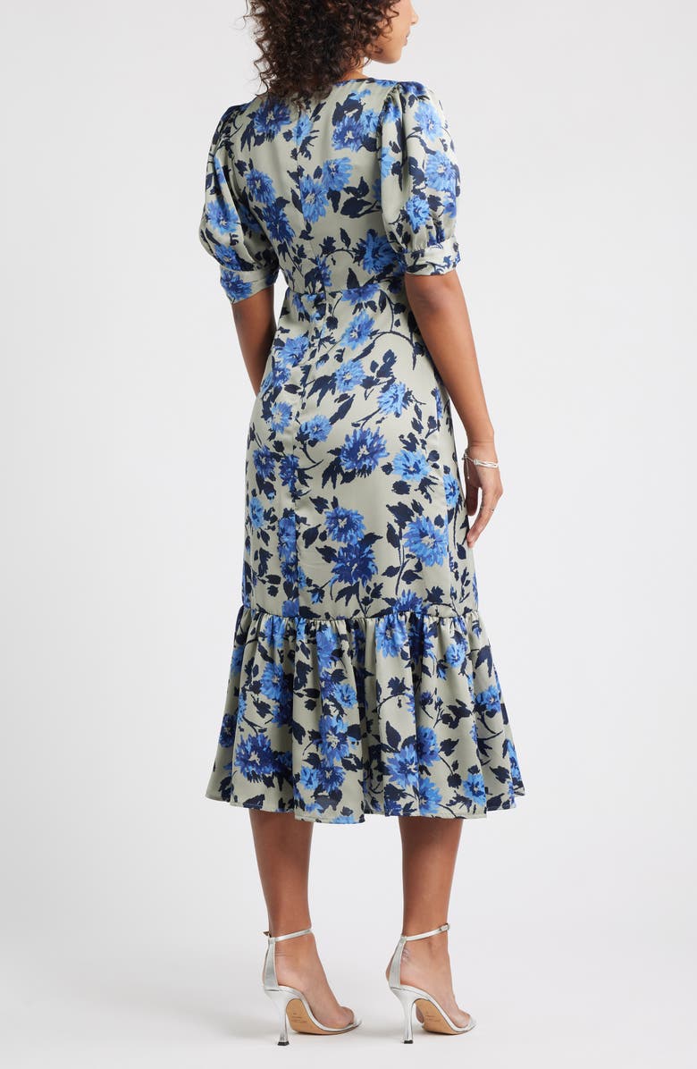 Chelsea28 Twist Front Puff Sleeve Satin Midi Dress, Alternate, color, Grey- Blue Dahlia Floral