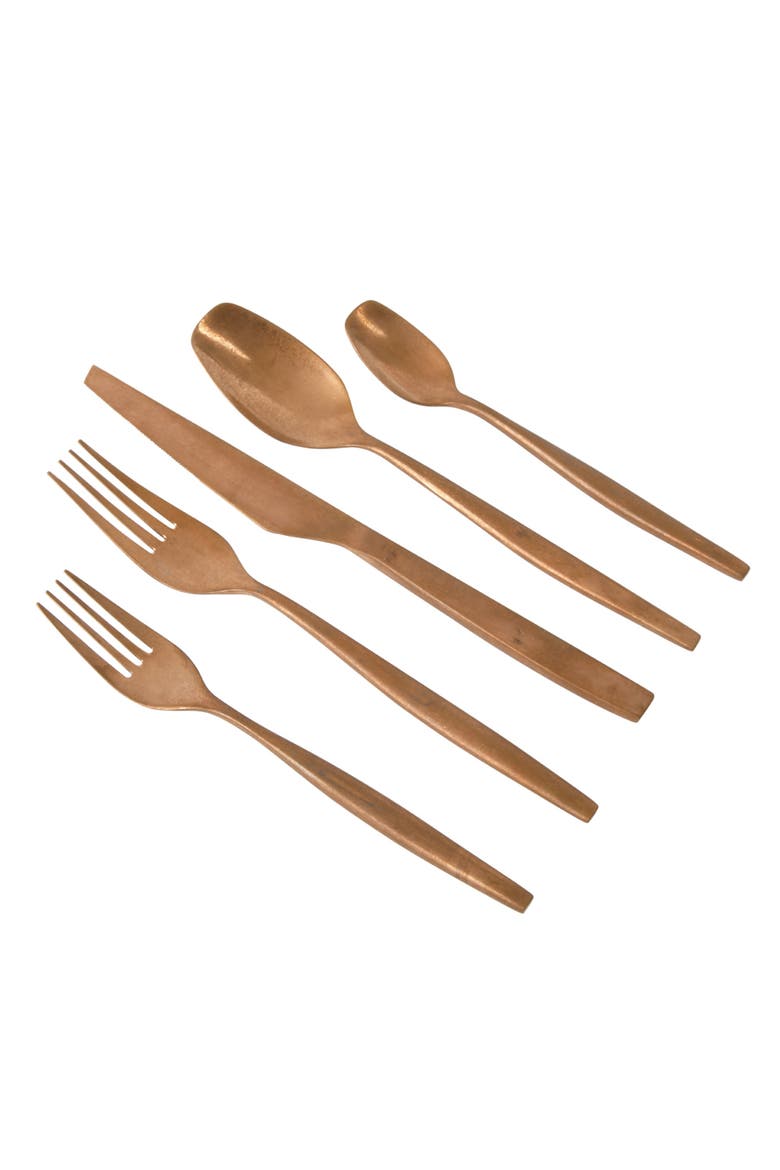 20 Piece Stone Washed Flatware 18/10 Stainless Steel Silverware Cutlery Utensil Set with Acacia Wood Caddy, Alternate, color, Gold
