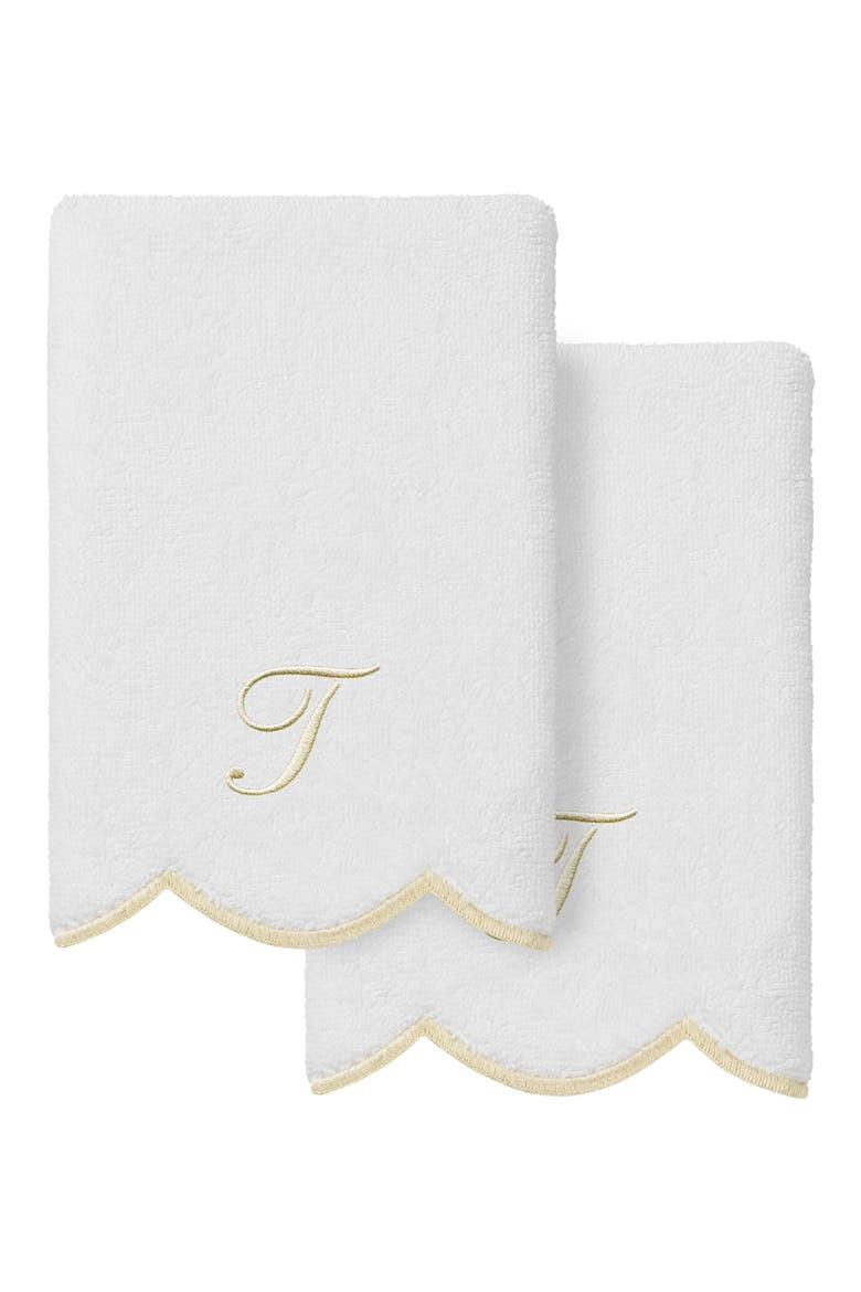 Adornia Scalloped Set of 2 Initial Washcloths, Main, color, WHITE/ BEIGE T