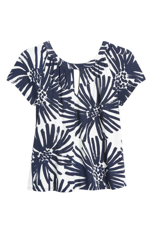 Loveappella Floral Keyhole Short Sleeve Jersey Top In Blue