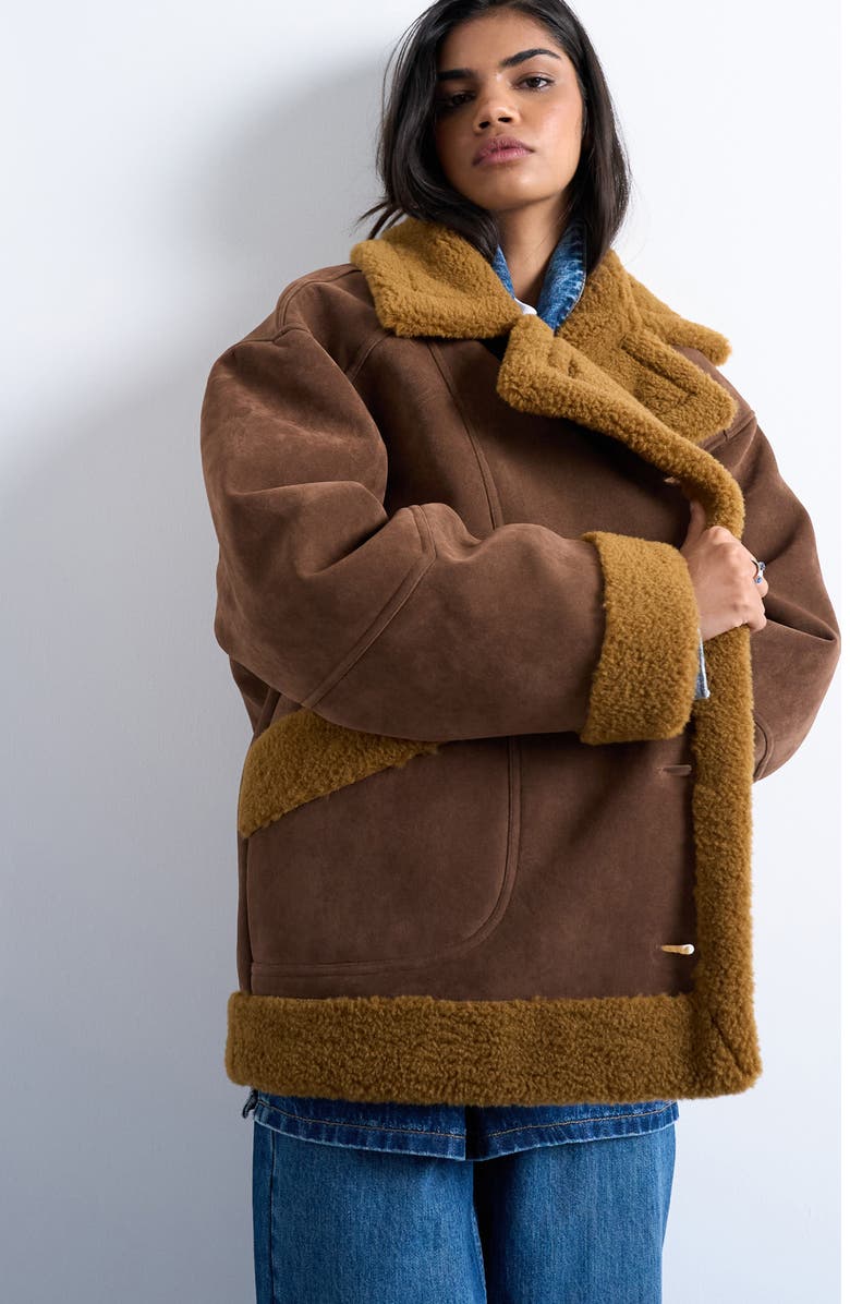 Topshop Oversize Faux Shearling Car Coat, Main, color, Brown