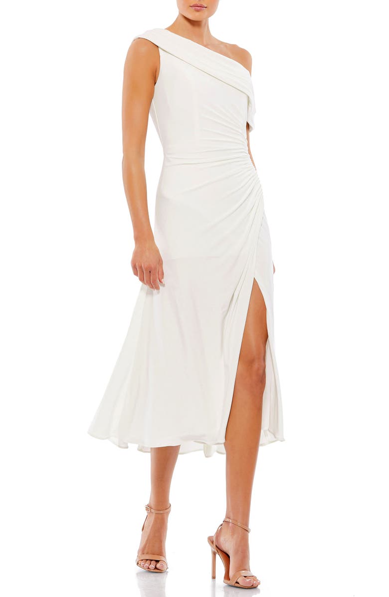 Mac Duggal Ruched Off-The-Shoulder Midi Dress, Main, color, White