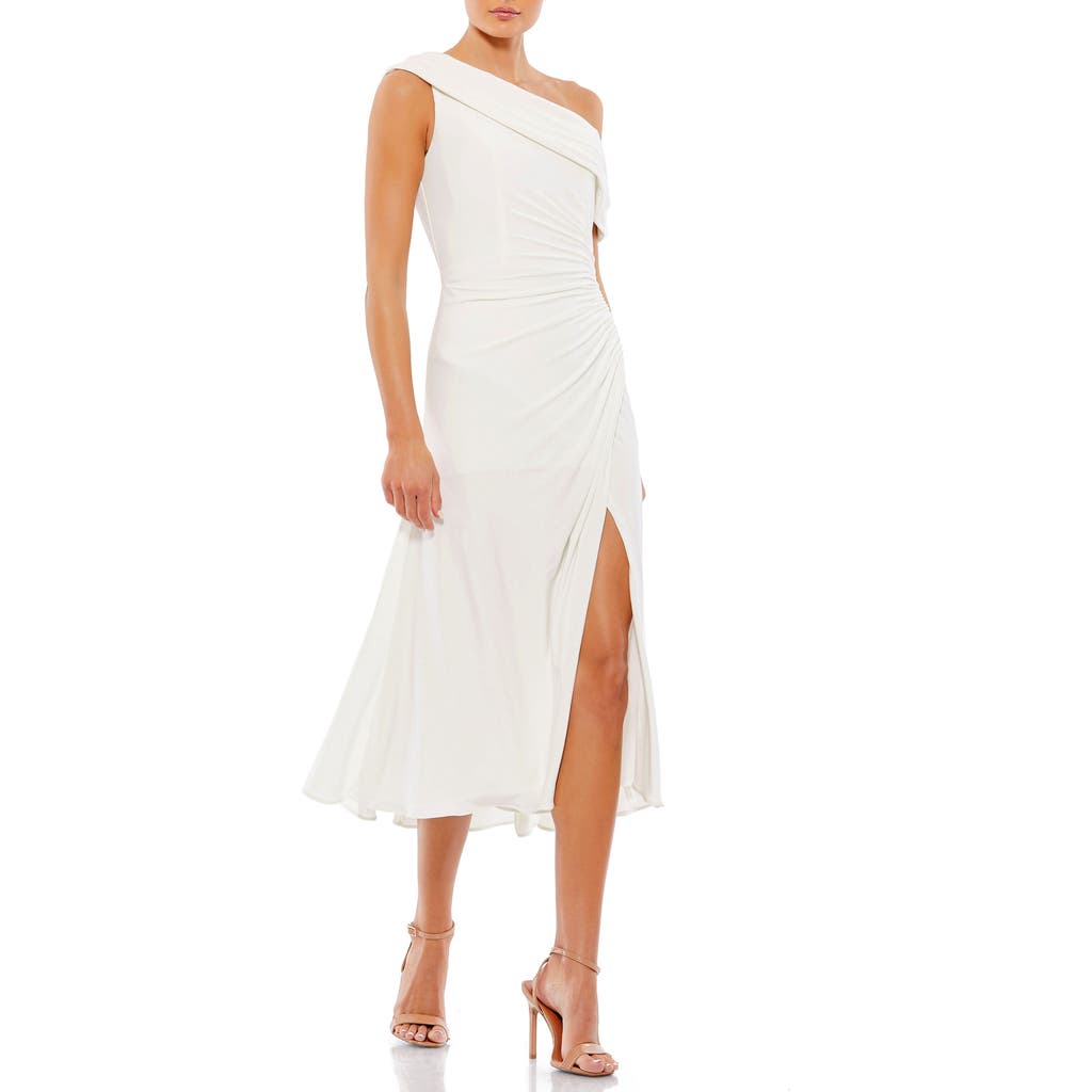 Mac Duggal Ruched Off-the-shoulder Midi Dress In White