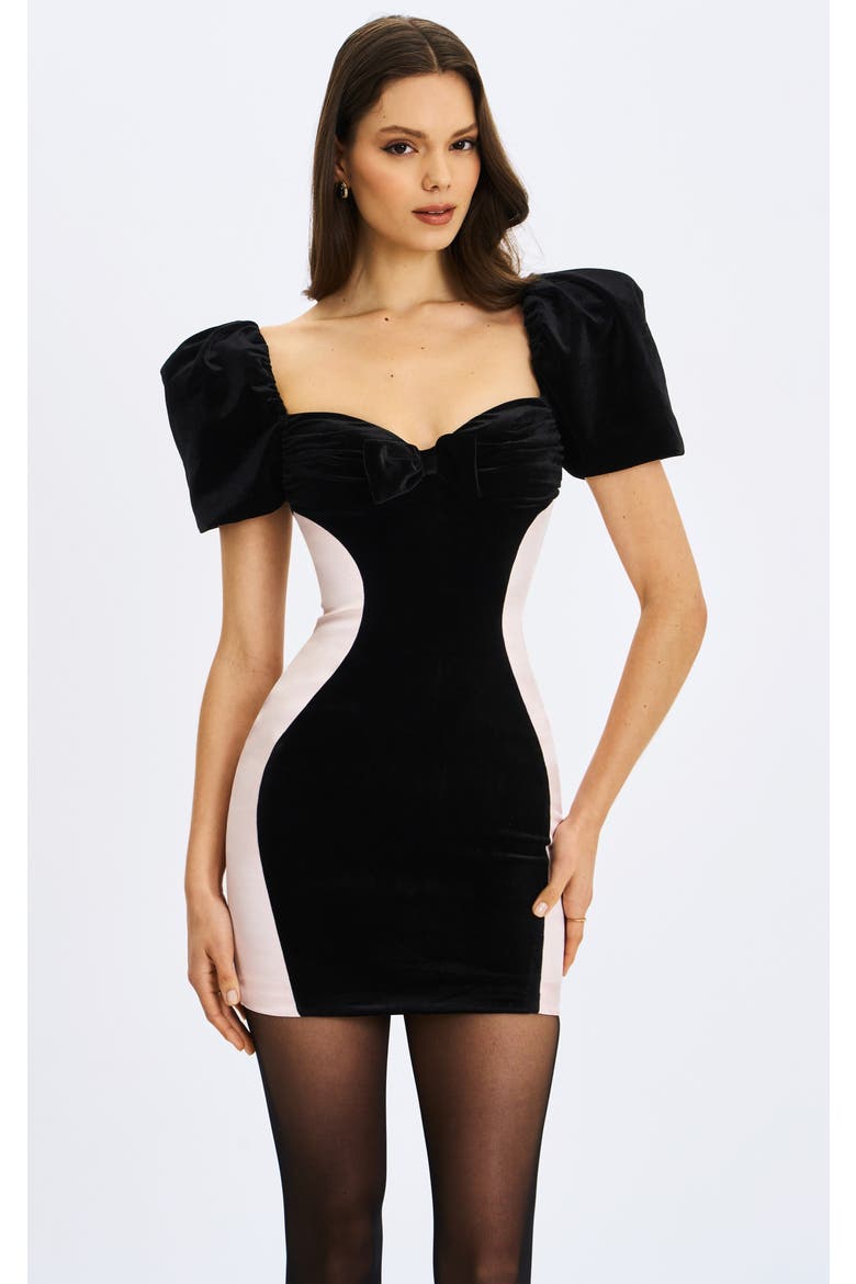 Nova Contoured Sweetheart Puff Sleeve Mini Dress, Main, color, Black