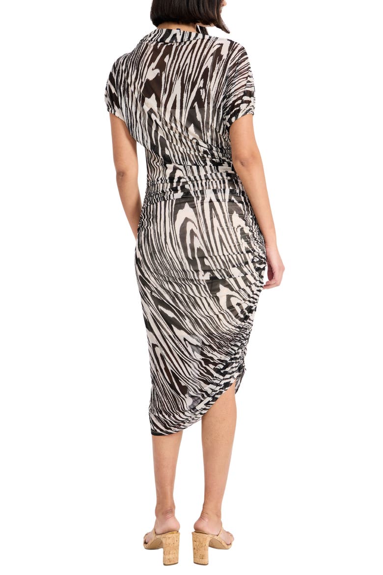 Bev Asymmetric Short Sleeve Ruched Mesh Midi Dress, Alternate, color, IVORY/ BLACK