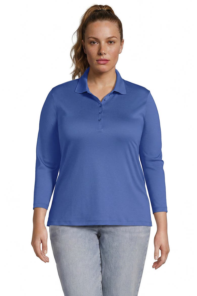 Plus Size Supima Cotton 3/4 Sleeve Polo Shirt, Main, color, Muted Cobalt Blue