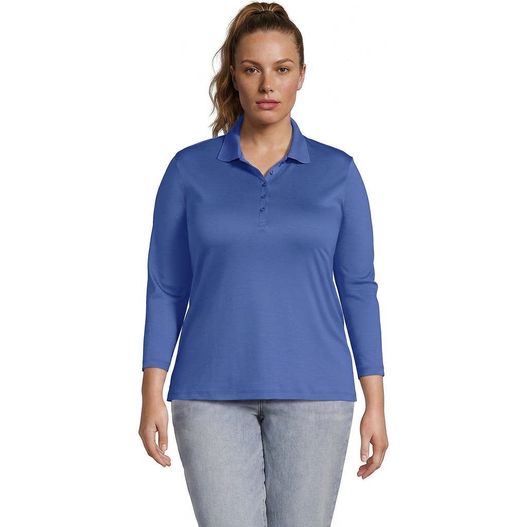 Lands' End Plus Size Supima Cotton 3/4 Sleeve Polo Shirt In Muted Cobalt Blue