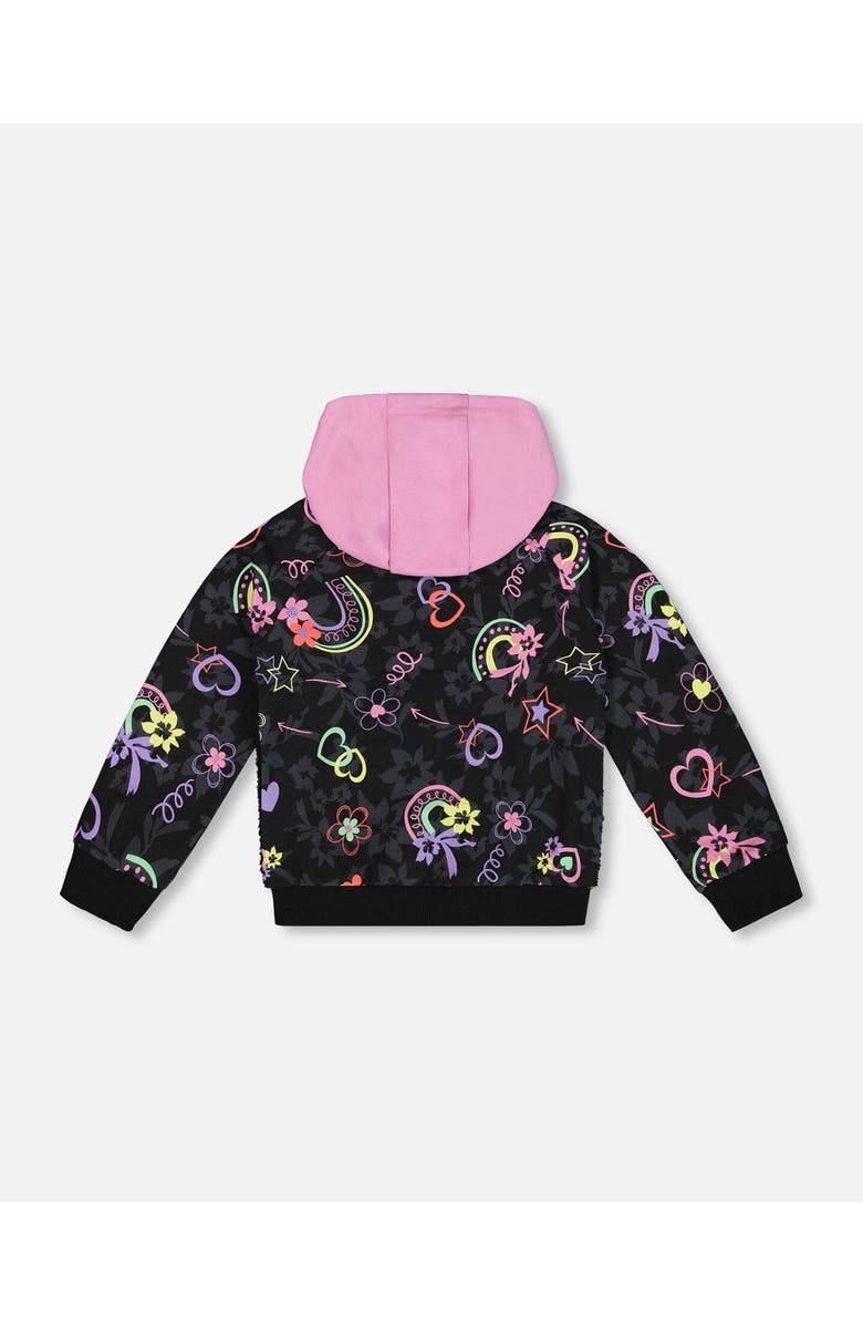 Deux par Deux Girl's Bi-Material French Terry And Soft Fleece Zip Hoodie Black, Alternate, color, 