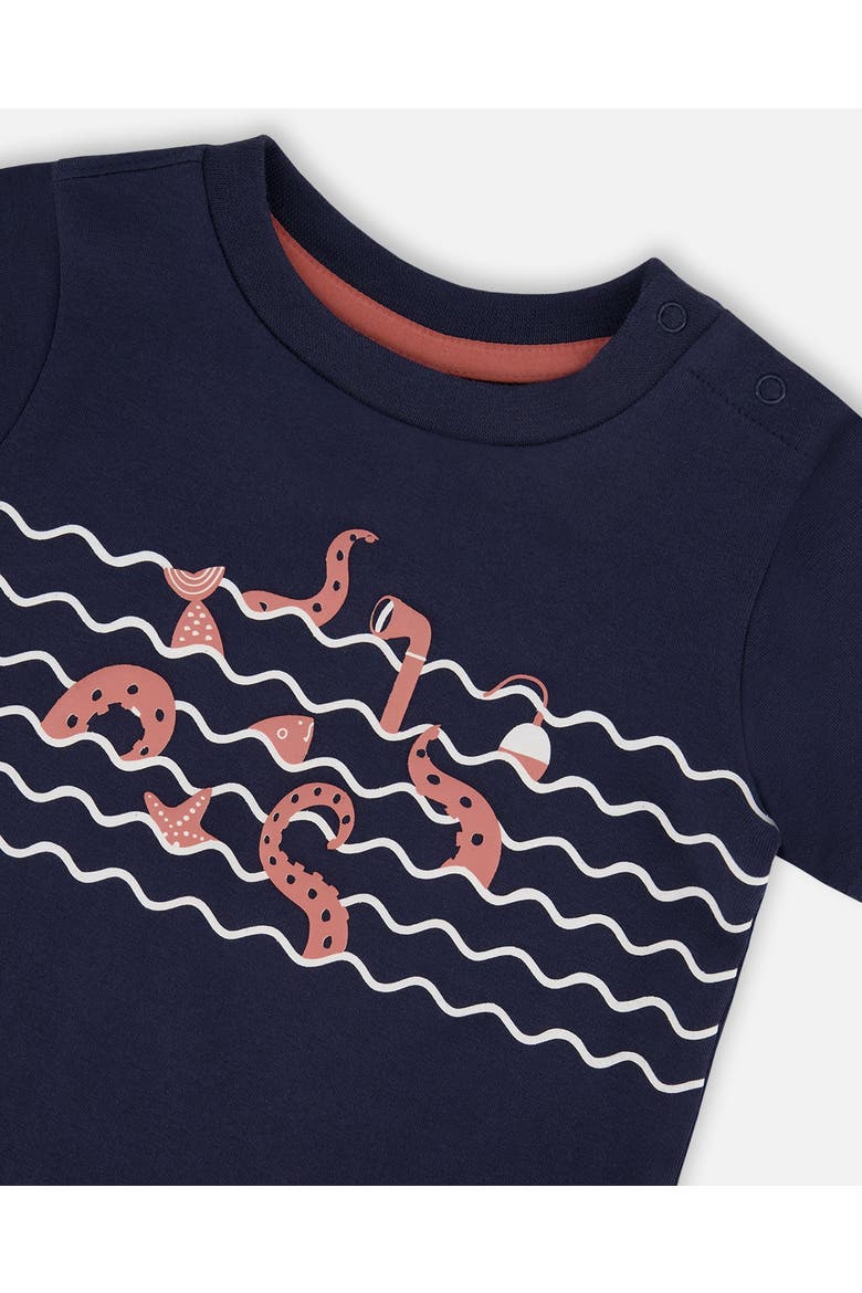 Organic Cotton T-Shirt and Stripes Short Set, Alternate, color, Blue and Brick Stripes