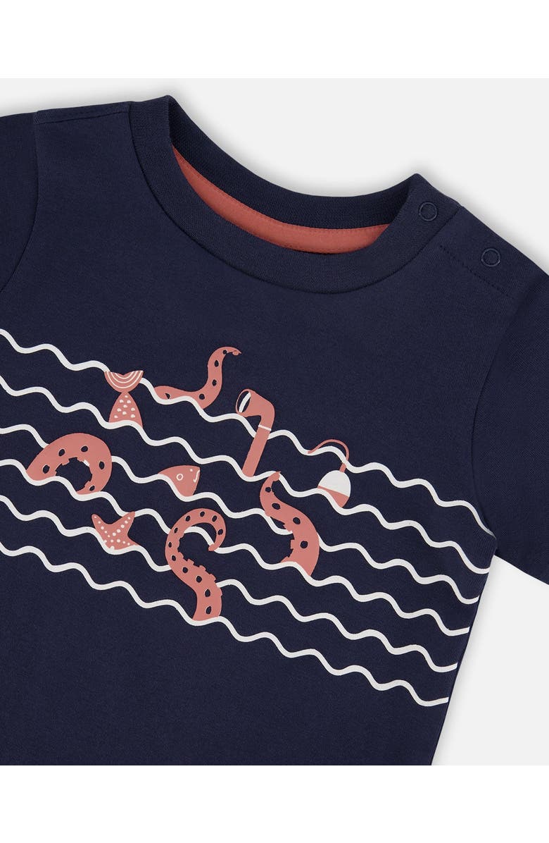 Deux par Deux Organic Cotton T-Shirt and Stripes Short Set, Alternate, color, Blue And Brick Stripes